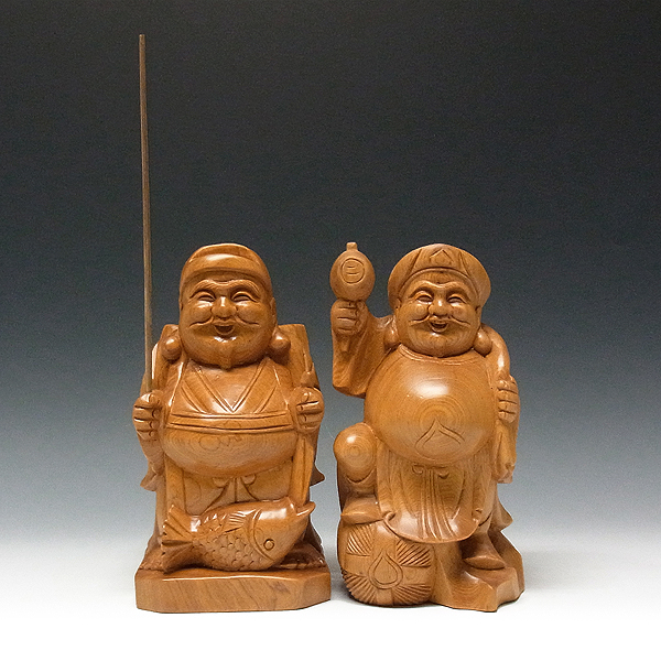 古民芸 木彫 欅製 恵比寿大黒像 一対 仏像 重さ合計約13㎏ V R5687C-